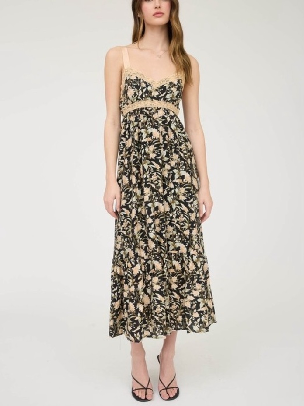 mine Black Floral Midi Dress with Beige Lace Trim NWT Size Small